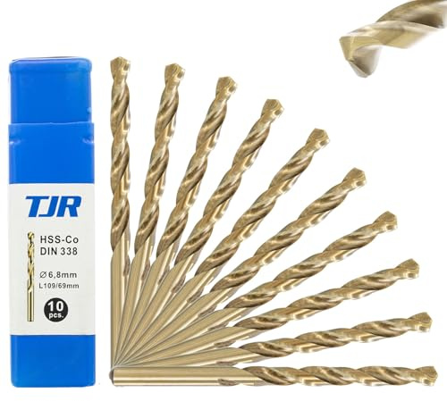 TJR® Forets à spirale HSS-E M35 Ø 6,8mm en cobalt, Set de 10 pièces, Auto-centrant, Acier rapide, DIN 338 Type N, Pointe fendue à 135°, Forage des métaux pour acier, inox et fonte