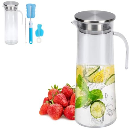 Oceano Brocca Caraffa plastica acrilica Pet con coperchio beccuccio versatore succhi frutta bevande acqua bibite sangria tè freddo caldo cocktail doppio foro in acciaio inossidabile (1.3L+Spazzole)