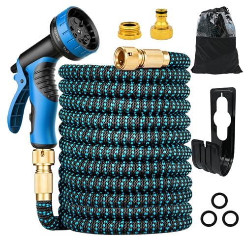 Expandable Flexible Garden Hose Magic Hose Pipes Car Washing Gardening Hose with 7 Setting Professional Water Spray Nozzle Gun (Metal connectors 100FT Blue Black)