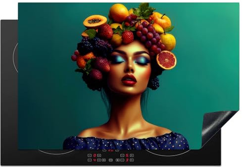 KitchenYeah© Induction Hob Protector Mat 20.5x30.7 / 78x52 cm Cooker Top Protectors Cover Ceramic Covers Electric Hobs Vinyl Woman - Headdress - Tropical - Fruit - Grapes