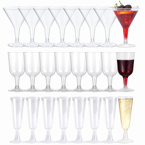 MATANA 144-Piece Premium Plastic Drinkware Set – 48 Martini Glasses (210ml), 48 Wine Cups (180ml) & 48 Champagne Flutes (150ml) – Reusable Party Glasses for Weddings, Birthdays, Parties