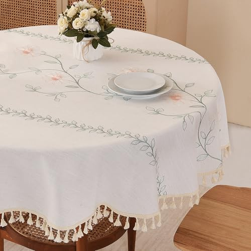 SUCHDECO Tischdecke Rund 140 cm Beige Tischdecke Leinen Baumwolle Runde Tischdecken Gartentischdecke mit Gestickte Blume für Küche, Esstisch, Couchtisch, Gartentisch