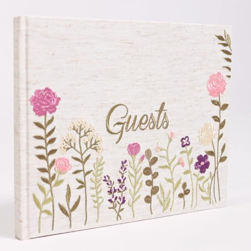Linen Embroidered Photo Wedding Guest Book - Premium Hardcover Pink Polaroid Guestbook for Wedding Reception, Baby Shower, Bridal Shower, Funeral, Graduation -160 Pages for Notes 10.25 × 8.25