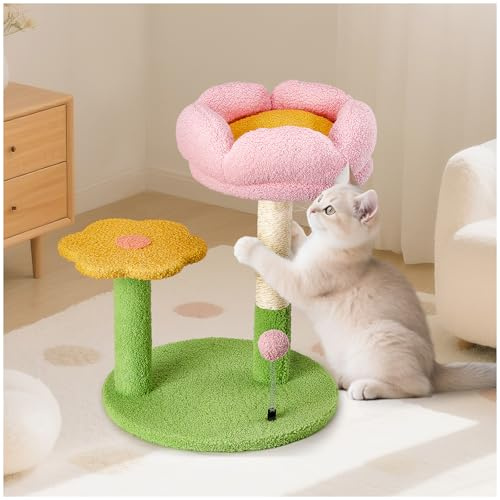 Petjoyi Poste rascador para gatos con cama, árbol de flores pequeñas con camas rosas extraíbles y bola de resorte, muebles de gato de 20 pulgadas para gatos de interior