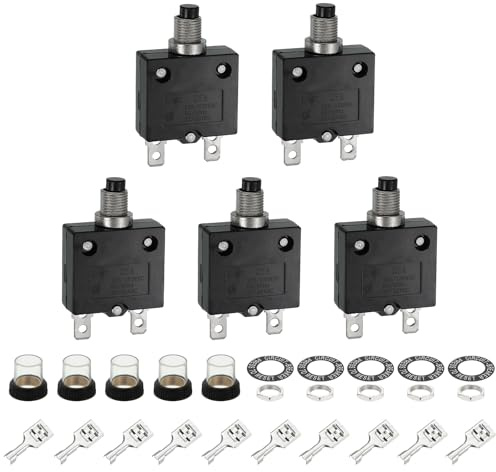 sourcing map Interruttori termici da 25 A, 125/250 V AC, 32/50 V CC, reset manuale a pulsante, protezione da sovraccarico, con tappi a pulsante impermeabili, terminali a connettore rapido, 5 pezzi
