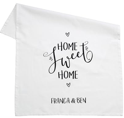 Herz & Heim® Personalisiertes Geschirrtuch „Home Sweet Home“ – Weißes Küchentuch aus Baumwolle mit Namen – Geschenk zur Hauseinweihung oder zum Einzug