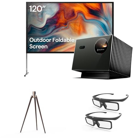 Paquete de Cine al Aire Libre Valerion：Proyector láser Triple Valerion VisionMaster Pro2 4K + Pantalla de 120 para Exteriores + trípode de Nogal + Gafas 3D