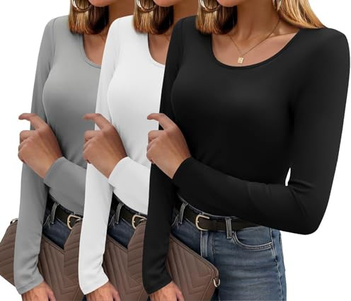 Ekouaer Womens Long Sleeve Tops Crew Neck Slim Going Out Basic Theraml Top, Black + White + Light Grey, M