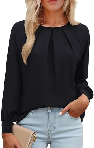 YUCOLEN Long Sleeve Shirts for Women Loose Pleated Casual Blouses Black