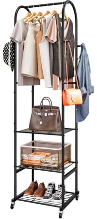 Dazioter Kleiderständer mit Rädern und 3-stufigen Metallböden, Kleiderstangen zum Aufhängen von Kleidung mit 4 Haken, Kleiderständer Garderobe Organisator für kleinen Raum, schwarz