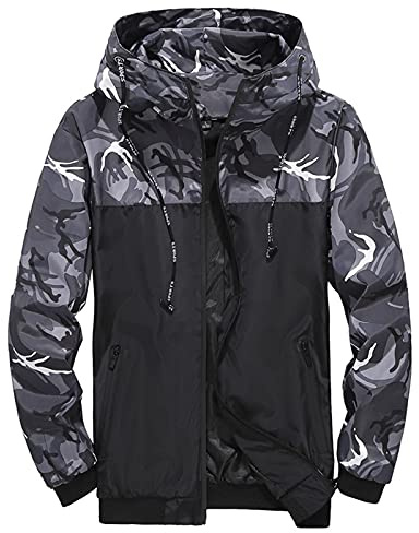 Generisch Chaqueta de invierno para hombre, chaqueta de manga larga con estampado de retazos, capucha con cordón, abrigo de manga larga con bolsillos con cremallera para hombre, chaqueta cortavientos