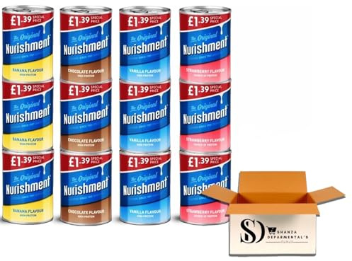 The Original Nurishment Protein Drink – 4 Flavours Variety Pack (Vanilla, Strawberry, Chocolate & Banana) High Protein, Source of Energy 400g (12 Packs – 3 of Each Flavour)