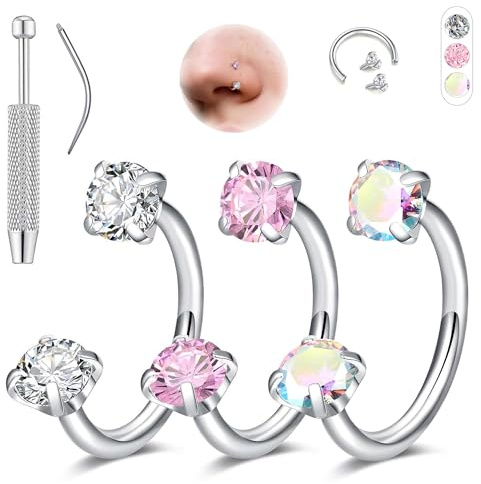 Aidenn 18G Piercing de nariz en forma de herradura para mujer, juego de joyería de piercing de anillo nasal de 6-8 mm, oro y plata, anillos dobles de zirconia cúbica en forma de herradura, acero