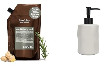 Jean & Len Rosmarin & Ingwer Hand & Body Wash Nachfüllbeutel 1,5 L + Steinzeug Seifenspender 400 ml Keramikpumpe, matt, Soft-Touch, minimalistisches Design, ohne Silikone/Parabene/Mikroplastik