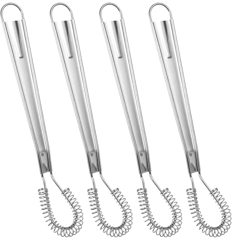 SULIKJHUI 4 Pcs Small Whisk, Small Hand Whisk for Cooking | Stainless Steel Mini Whisks Spring Coil Wire Egg Beater for Coffee Sauce Milk Mixing (Silver)