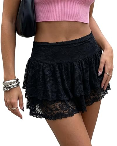 Edhomenn Women Summer Y2K Lace Mini Skirts Elegant High Waist Layered Ruffle Skirt (Black, M)