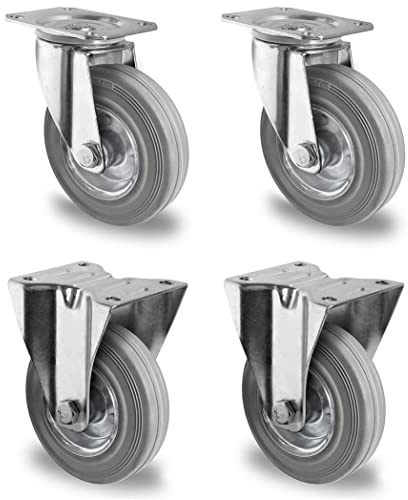 Rollensatz 2 Lenk- + 2 Bockrollen 80 mm Vollgummi grau mit Stahlfelge