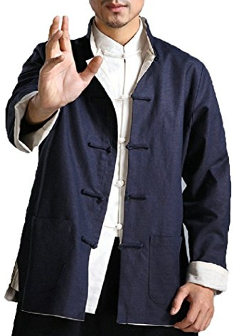 ZooBoo Kung Fu Jacket Both Sides Wear Tops Martial Arts Long Jersey (XL, Dark Blue with Beige)