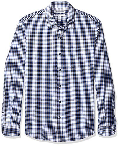 Amazon Essentials Men's Slim-Fit Long-Sleeve Poplin Shirt, Black Blue Gingham, XL