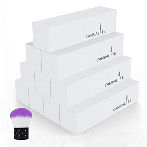 Canvalite - Lot de 10 Blocs de Polissoirs à Ongles Blancs 120 Grains avec Pinceau à Ongles, Carré éponge Lime à Ongles pour Salons Professionnels