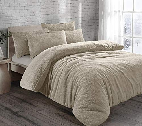 HOMES-LINEN Teddy Bear Fleece Thermal Warm Cosy Soft Fur Duvet Cover Set With Pillow Cases (Beige, Super King)
