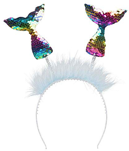 Boland 51021 - Tiara Nixe, 1 Stück, Einheitsgröße, mehrfarbige Pailletten, 2 Schwanzflossen auf Haarreif mit weißem Plüsch, Regenbogen, Meerjungfrau, Kostüm, Verkleidung