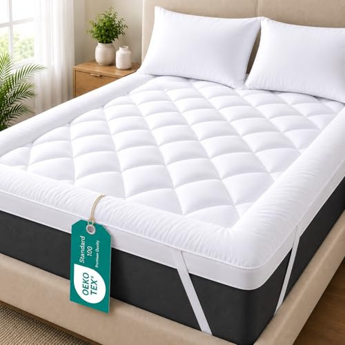 Linens World Mattress Topper King Size Bed 10cm Thick, Quilted Super Soft Microfiber Topper, 1200GSM Hollow Fiber Fill, Breathable & Washable with Strong Elastic Straps for Extra Comfort (150×200cm)