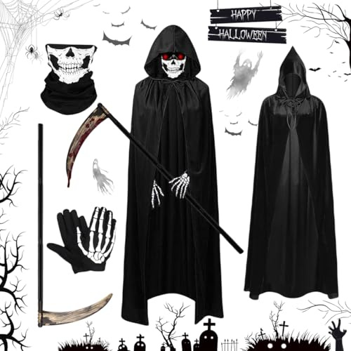 O-Kinee Disfraz de Halloween, Máscara de Calavera, Guantes, guadaña, Largo Capa con Capucha, Disfraz Traje de Fantasma de la para Adultos Halloween Fiesta Carnival Costume Cosplay