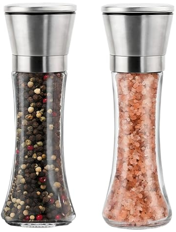 Sanrolax Salt and Pepper Grinder, 2Pcs Pepper Grinder Salt Shaker Stainless Steel and Glass Ceramic Grinder with Adjustable Coarseness, Manual Grinding Without Salt/Pepper