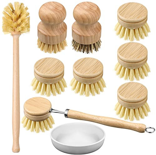 10 Pieces Wooden Dish Brush Set Bamboo Dish Brush Wood Bottle Brush with Replacement Heads for Dishes, Wide Mouth Bottles, Cups and Jars