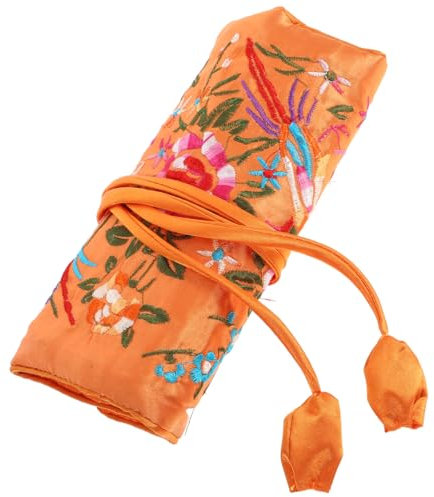 jojofuny Rotolo di gioielli da viaggio con ricamo: organizer portatile cinese in seta fatto a mano, con motivi floreali, per orecchini, gioielli, cosmetici, borsa da donna