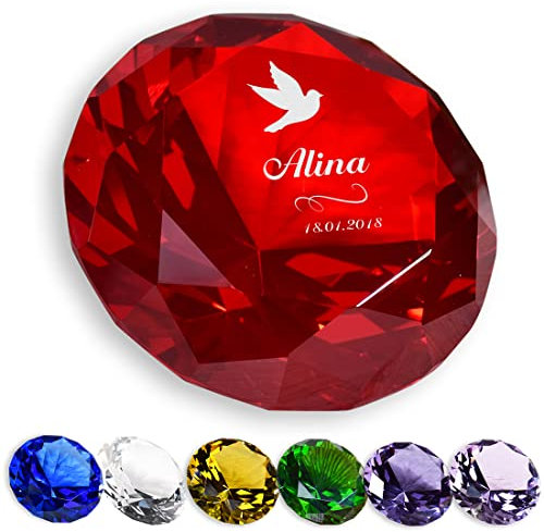 Pierre décorative en verre rouge avec gravure pour baptême Motif colombe – Personnalisable avec nom – Cadeau de baptême pour enfants – Idée cadeau de confirmation pour les occasions religieuses