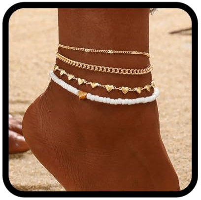 Handcess Boho Fußkettchen Gold Herz Fussketten Perlen Fussketten Fußschmuck für Frauen und Mädchen