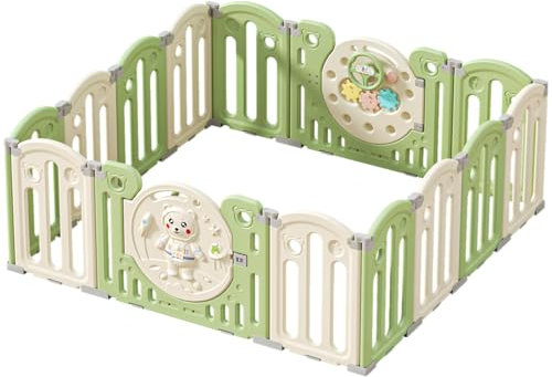 Zkipm Laufgitter für Babys, Laufstall Baby mit Spielmatte, modular, faltbar, extra groß, Laufgitter, Riegel, stabile Beschläge, HDPE-Sicherheitsmaterial, rutschfeste Einstellung (12 14 16 Panele)