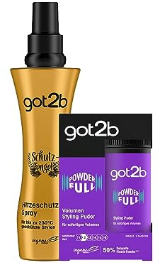 got2b Styling Puder Powderfull,Volumenpuder mit leichter Formel für natürlich aussehenden Halt (1x10 g) & got2b Hitzeschutz-Spray Schutzengel bis 230 °C (1x200 ml)