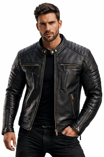 BTR BORN TO RACE Men's Motorbike Leather Jacket Distress Zip Up Bikers Riding Protection Motorcycle Leather Jackets (US, Alpha, 4X-Large, Regular, Regular, Natural Black-Jacket)