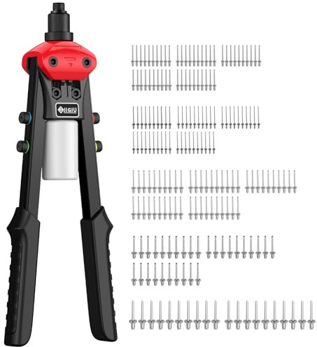 JiGiU 13.3 Professional Rivet Gun Rivet Tool Pop Rivet Gun Kit Hand Riveter Tool Set with 200Pcs Rivets 2.4mm 3.2mm 4.0mm 4.8mm 6.4mm Riveter Tool for Automotive Railway Furniture Instrument
