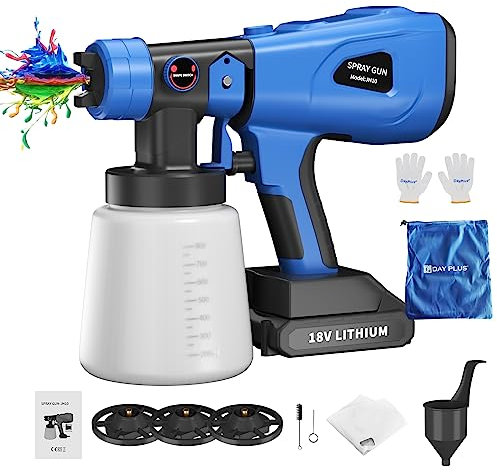 Akku Farbsprühsystem 18V mit 1500mAh Akku, Einstellbar Förderleistung 500 ml/min, 800ml Farbbehälter, 4 Verschiedene Kupferdüsen für Haus, Schränke, Haus, Zaun, Decke
