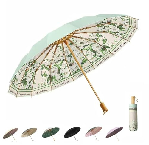 Compact Umbrellas For Rain And Sun UPF 50+ UV Protection Windproof waterproofing and Strong Travel Essentials for Men Womens Umbrella 16 Ribs Wooden Handle Flower Travel Umbrella Compact Birthday Gifts For Women