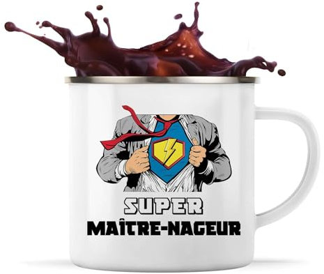 Planetee Tasse métallique Super Maître-nageur | Mug Émaillé Métal Timbale Camping et Randonnée Métier Collègue Cadeau Travail Boulot Départ Retraite