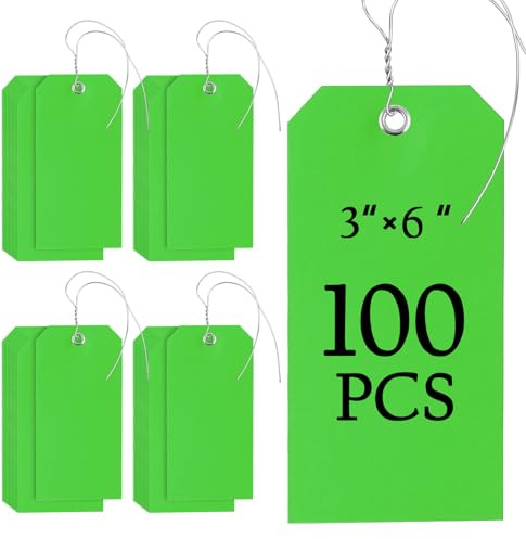 100 stycken 7,6 x 15,2 cm stora fraktetiketter i plast med sträng, kraftiga, vattentäta hängtaggar med snörade, skrivbara trådetiketter, etiketter för bagage, garage, lager, bildelar (grön)