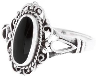 Windalf Gothic Damen Ring ALISA 14 mm Vintage Silberring mit schwarzem Onyx Indie Midi Ring Festival Silberschmuck 925 Sterlingsilber (Sterlingsilber, 58 (18.5))