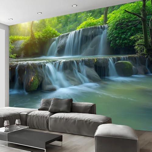Natural Scenery Wall Sticker, Peel and Stick Self Adhesive Wallpaper Roll Decal, Forest Waterfall Self Adhesive Decoration Removable Wallpaper Decor Wallpaper Mural for Bedroom Living Room Bathroom