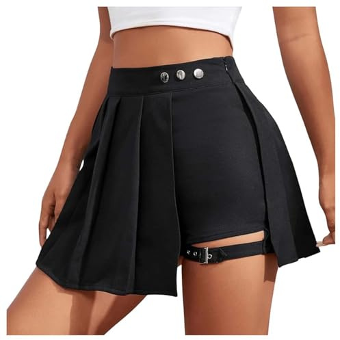Rock mit Hose Drunter, Damen Hosenrock Kurze Hose Culottes Hosen Casual Minirock Asymmetrisch Röcke Mit Schnalle Gothic Faltenrock Schwarz Plissee Minirock Sexy Y2k A-Linie Minirock Skort