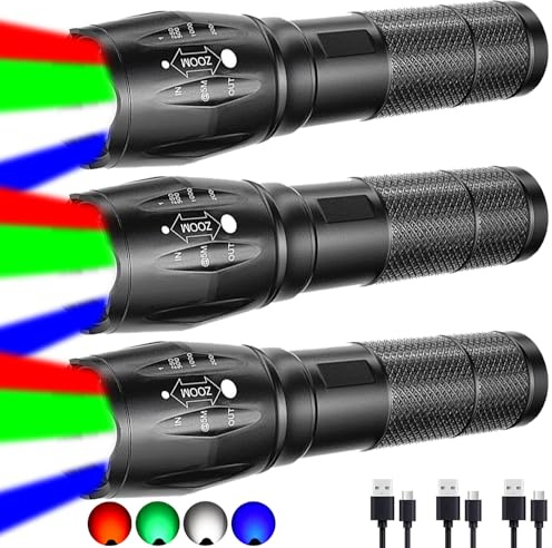 POCKETMAN Lot de 3 lampes de poche LED 4 couleurs en 1 - 4 modes - Zoomable - Rechargeable - Étanche - Avec lumière rouge, vert, blanc, bleu - Pour camping, extérieur, photographie, lumière de