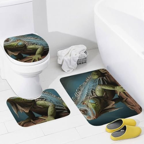 Badezimmerteppich-Set, 3-teilig, Badematte mit U-förmiger Kontur, WC-Vorleger, rutschfeste Bodenmatte, saugfähige Mikrofaser, grüne Tiere auf Holz, Badteppiche für Badezimmer, Badewanne, Duschmatte,
