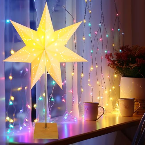Stehender Weihnachtsstern Beleuchtet, Weihnachtsdeko Innen LED Papierstern Weihnachtsstern Fenster Weihnachtsbeleuchtung Fenster Lichterkette Weihnachten Tischlampe für Weihnachten Deko Tischdeko (C)