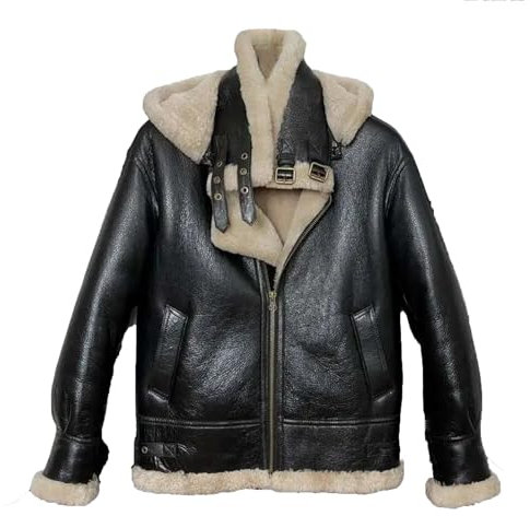 Herren Schaffell Shearling Mantel Winter Oberbekleidung Bomber Lammfell Lederjacke, Schwarz mit Kapuze, M Short