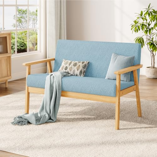 Dripex 2 Sitzer Sofa, Kleine Sofa mit Holzrahmen, Loungesofa 2er Couch, Modern und Skandinavisch, Doppelsofa aus Teddysamt, für Wohnzimmer Schlafzimmer Büro, 113x67x75cm, Hellblau
