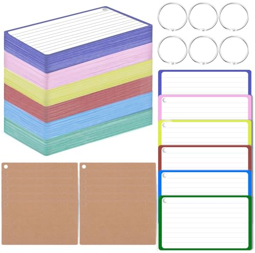 Lot de 360 cartes de révision, carte d'indexation, 6 couleurs, lourdes, lot de cartes flash lignées avec anneau et papier kraft pour la prise de notes, l'étude, le bureau, l'école